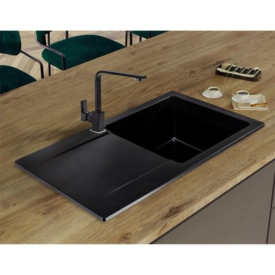 Гранітна кухонна мийка з крилом для сушки SinkQuality (Польща) FERRUM 1КDO BLACK (колір чорний) 1385981499 фото